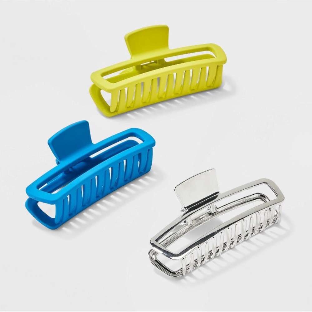 Claw Hair Clip 3pc Set - Blue/Silver/Lime Brand New
